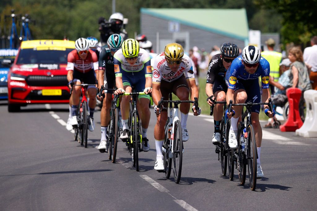 CHATEAUROUX FRANCE JULY 01 Greg Van Avermaet of Belgium and AG2R Citron Team Kasper Asgreen of Denmark and Team Deceuninck QuickStep in the Breakaway during the 108th Tour de France 2021 Stage 6 a 1606km stage from Tours to Chteauroux LeTour TDF2021 on July 01 2021 in Chateauroux France Photo by Chris GraythenGetty Images