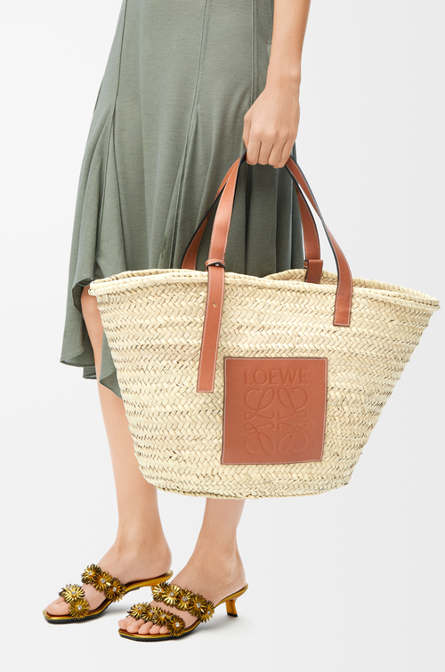 Large Classic Basket in Palm Leaf and Calfskin