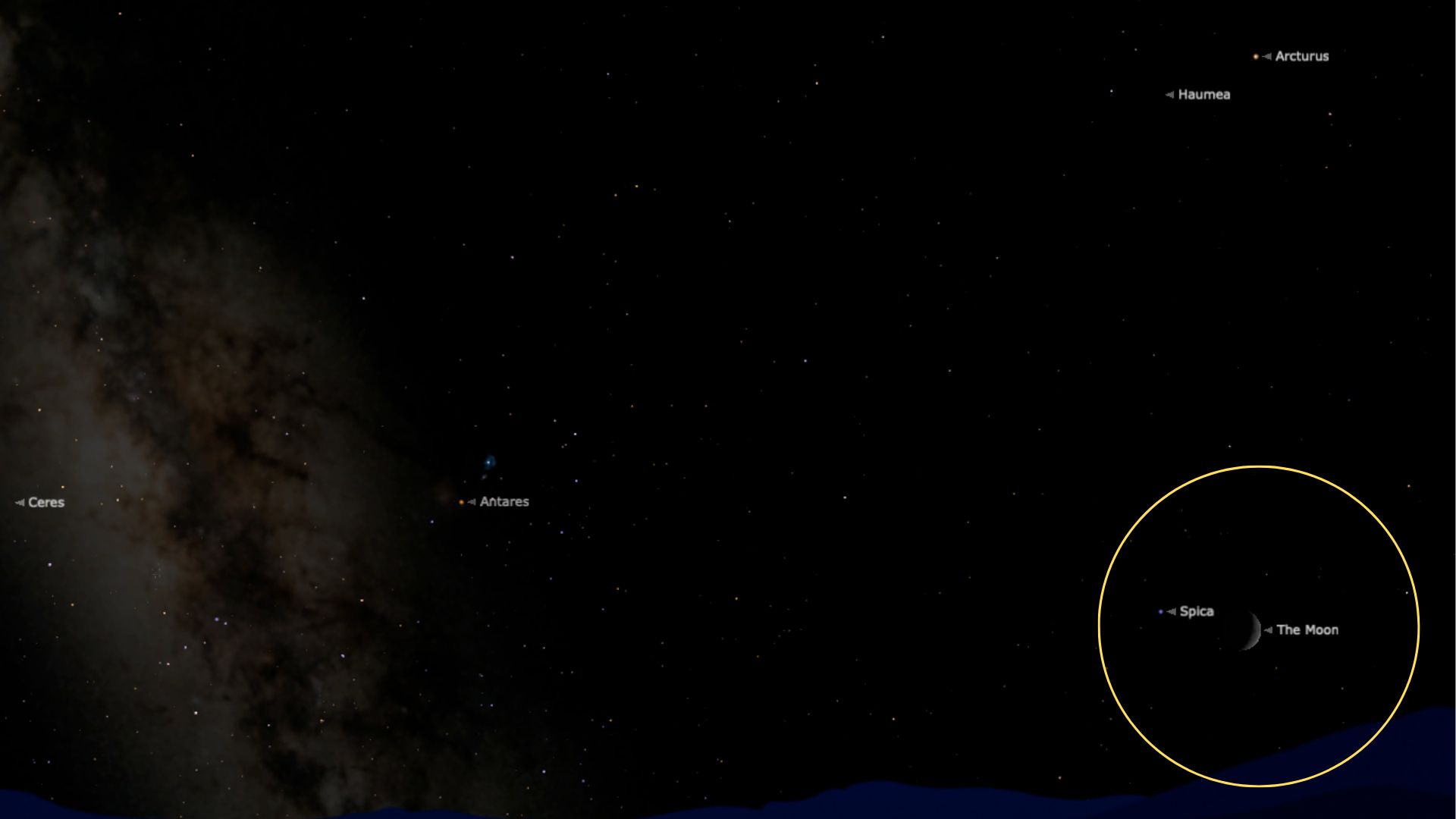 The chart shows the Moon shining near Spica, with the pair circled in yellow.