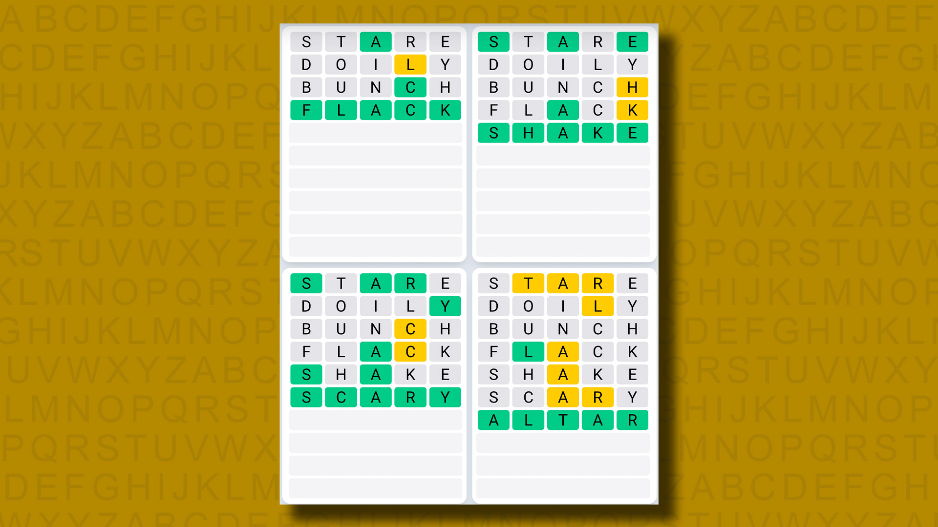 Quordle Daily Sequence Answers for Game 960 on a yellow background