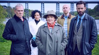 JON MORRISON as DC Kenny Lockhart, SARAH KAMEELA IMPEY as Dr Paula Bennett, BRENDA BLETHYN as DCI Vera Stanhope, RILEY JONES as DC Mark Edwards and DAVID LEON as DI Joe Ashworth in Vera season 14