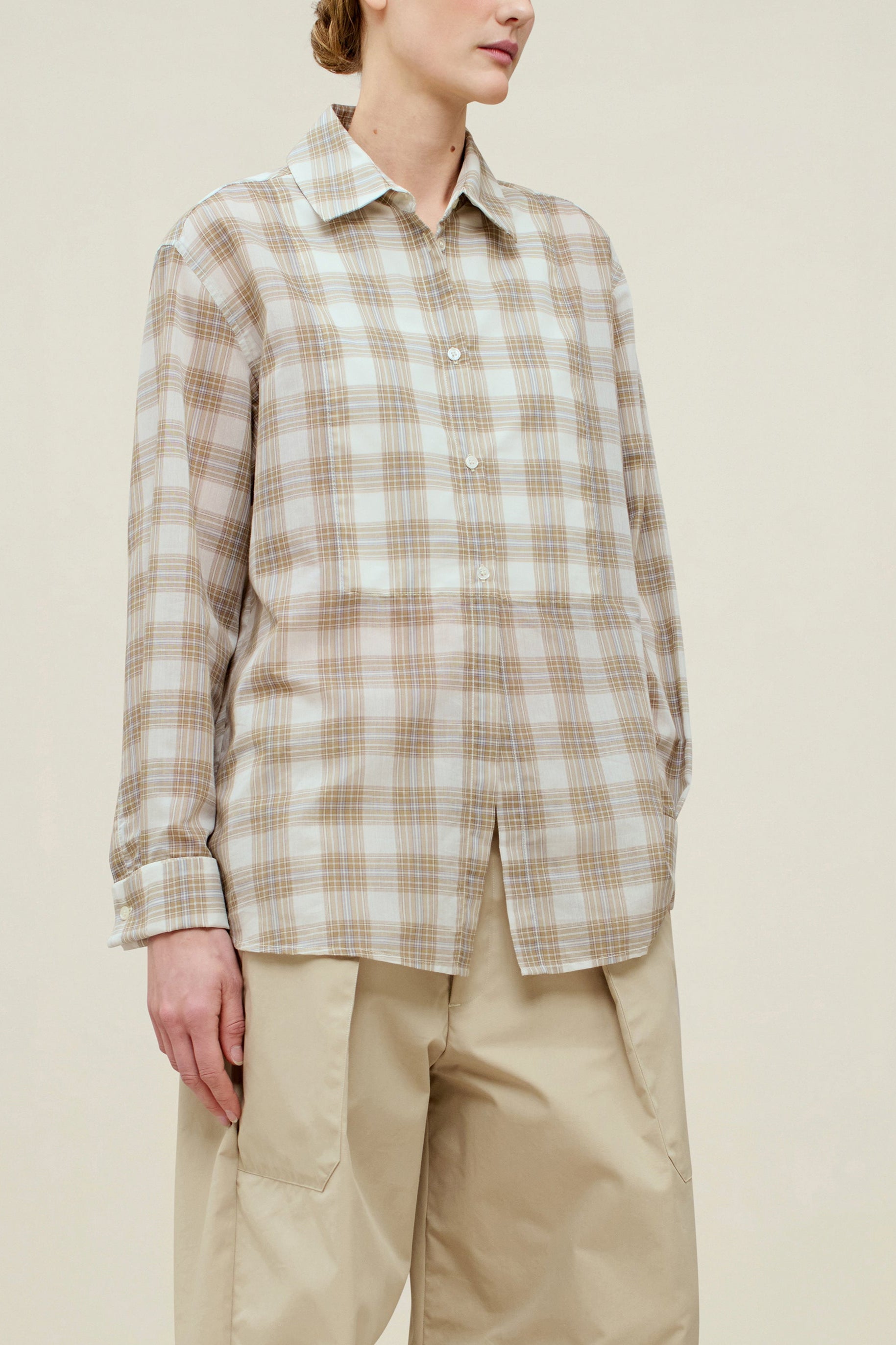 Chloé Bib Button Down in Beige Plaid