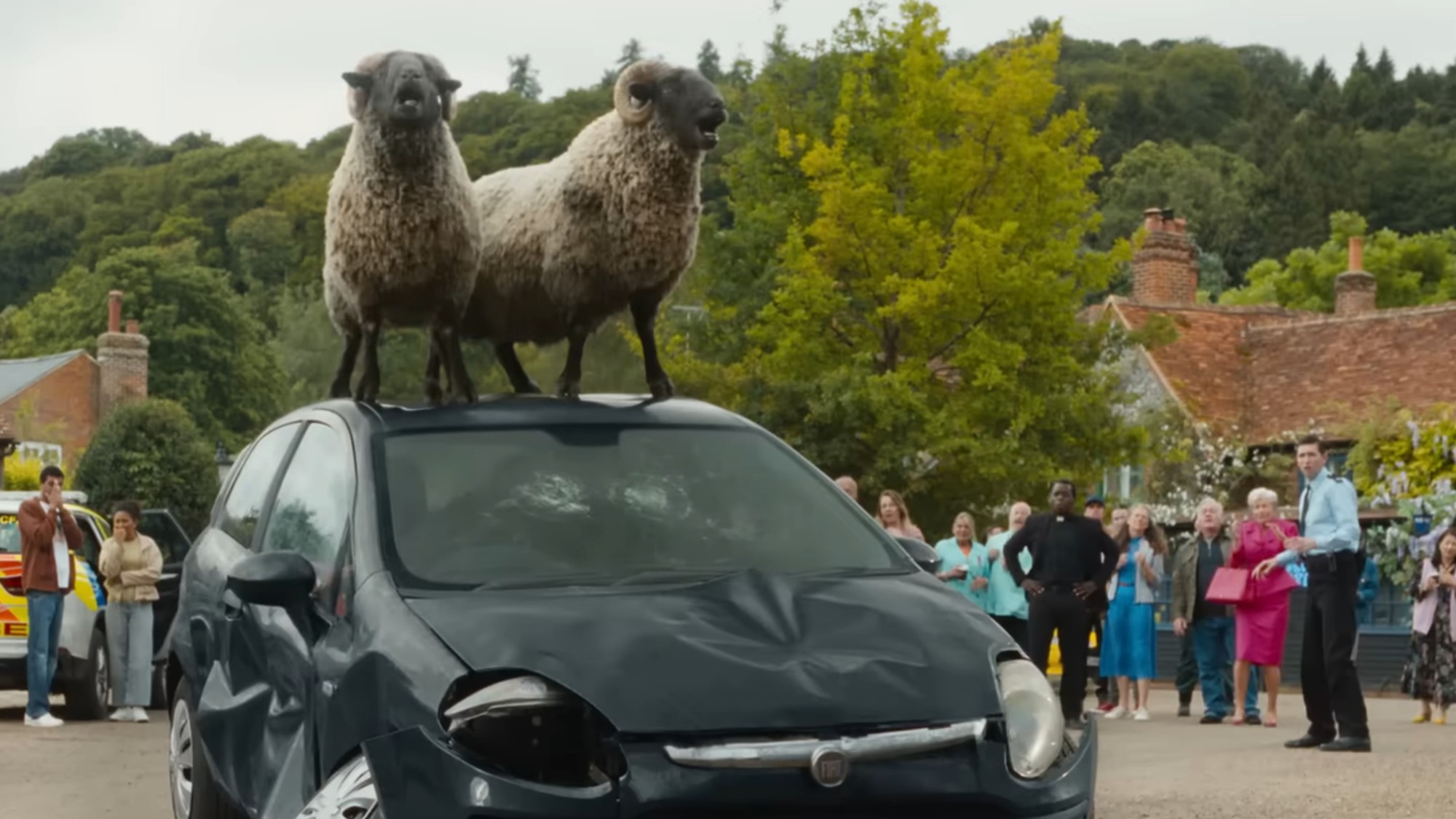 Nicholas Braun and Emma Thompson watching sheep on top of a car in The Sheep Detectives.