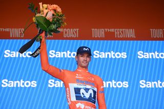 VICTOR HARBOR AUSTRALIA JANUARY 24 Javier Romo of Spain and Movistar Team Orange Leader Jersey celebrates at podium during the 25th Santos Tour Down Under 2025 Stage 4 a 1572km stage from Glenelg to Victor Harbor UCIWT on January 24 2025 in Victor Harbor Australia Photo by Dario BelingheriGetty Images