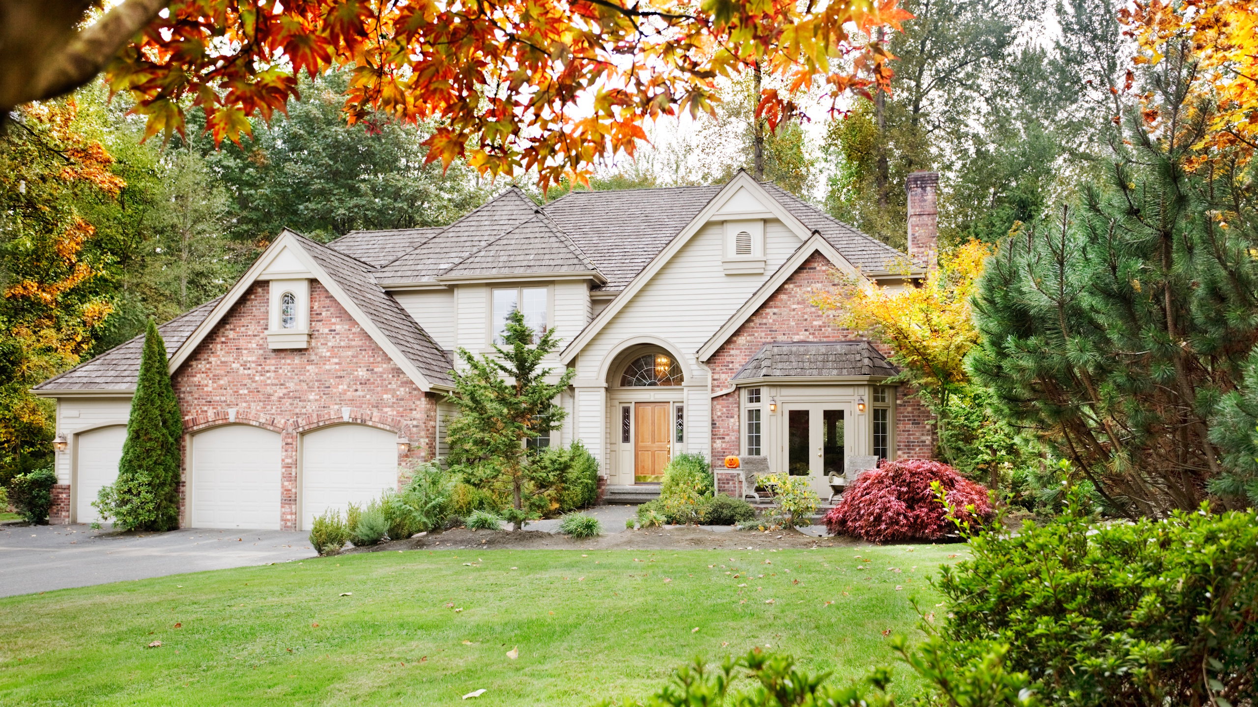 House in early fall, surrounded by different trees