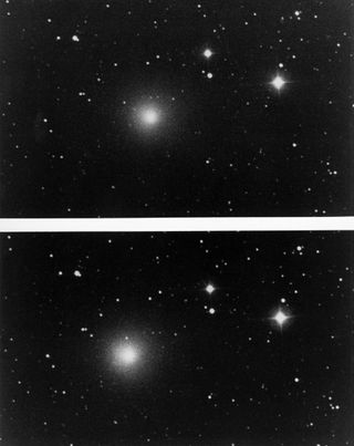 These two photographs of Comet Halley were obtained the night of Nov. 14, 1985, by JPL astronomer Eleanor Helin. Halley was about 105 million kilometers (65 million miles) from Earth and traveling about 33 kilometers per second (74,000 mph) with respect t