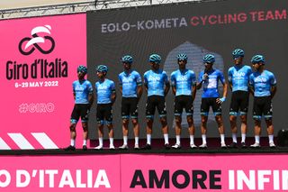 JESI ITALY MAY 17 Lorenzo Fortunato of Italy Vincenzo Albanese of Italy Davide Bais of Italy Erik Fetter of Hungary Francesco Gavazzi of Italy Mirco Maestri of Italy Samuele Rivi of Italy Diego Rosa of Italy and EoloKometa Cycling Team during the team presentation prior to the 105th Giro dItalia 2022 Stage 10 a 196km stage from Pescara to Jesi 95m Giro WorldTour on May 17 2022 in Jesi Italy Photo by Tim de WaeleGetty Images