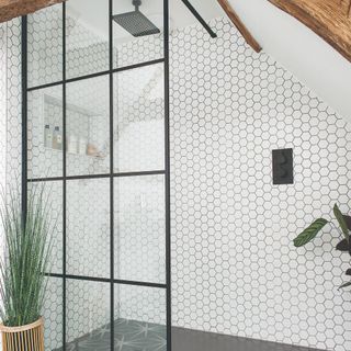 White bathroom with black frame shower screen