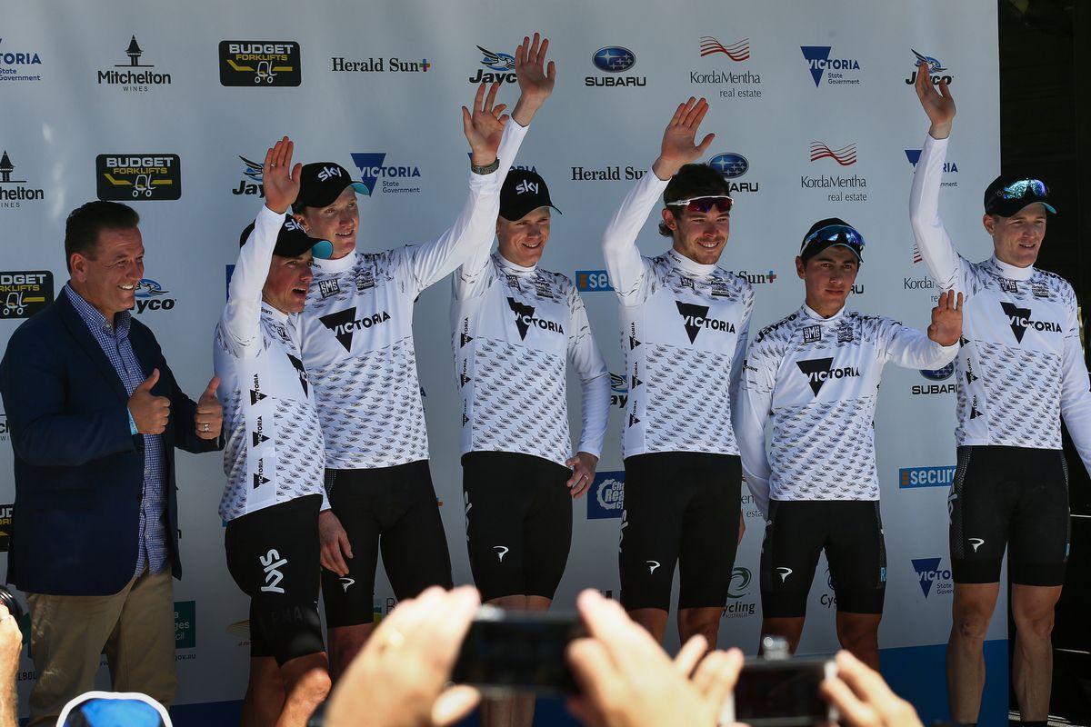 Team Sky celebrate the team classification victory