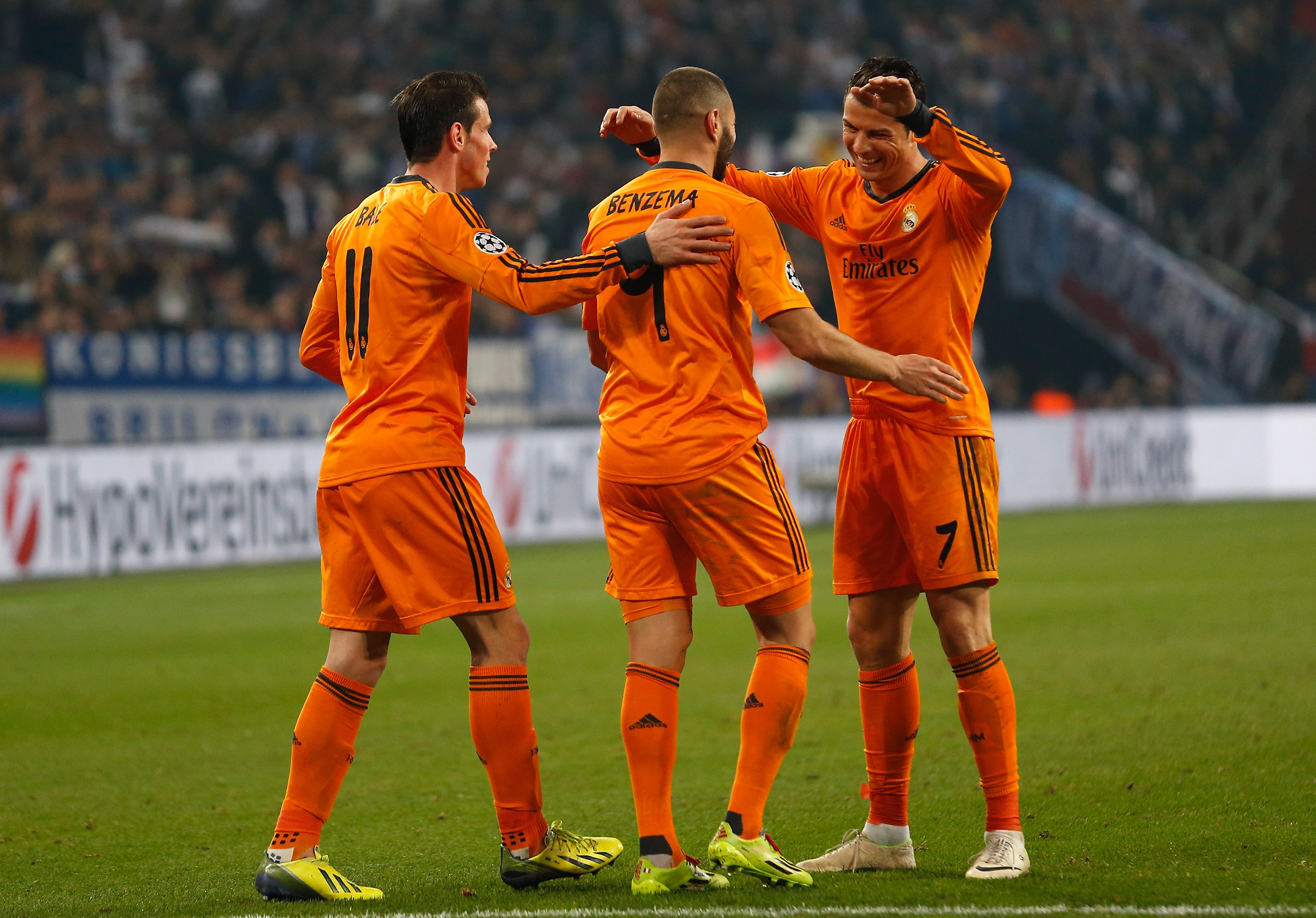 Cristiano Ronaldo, Karim Benzema and Gareth Bale celebrate a goal for Real Madrid against Schalke in the Champions League last 16 in February 2014.