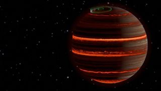 An illustration of a planet with bright glowing red stripes sitting in the darkness of space