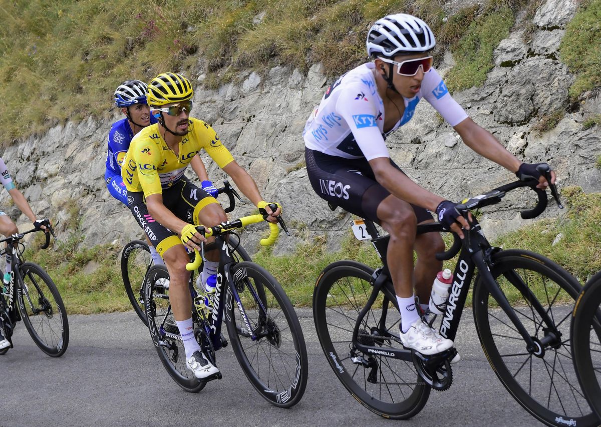 Egan Bernal (Team Ineos) leads Julian Alaphilippe before going on the attack