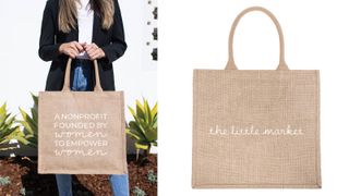 composite of front and back of woven slogan tote empowering women