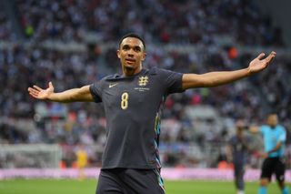 Trent Alexander-Arnold of England celebrates scoring his team's second goal during the international friendly match between England and Bosnia & Herzegovina at St James' Park on June 03, 2024 in Newcastle upon Tyne, England.