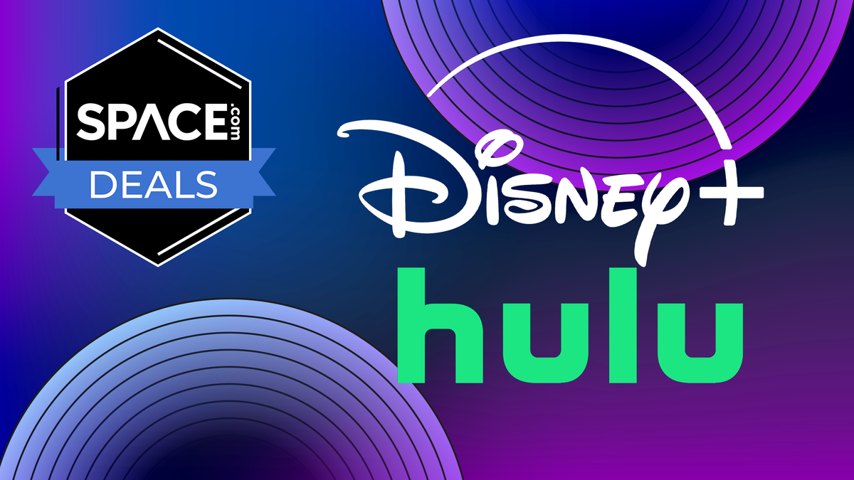 Disney Plus and Hulu logos on a purple background with a &#039;Space Deals&#039; badge.