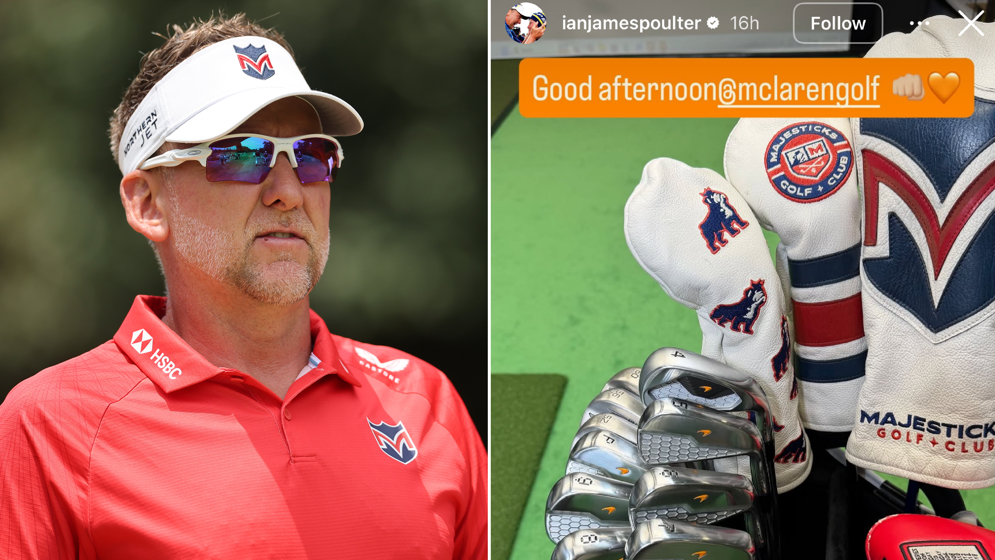 Ian Poulter walks down the fairway, with a picture of Poulter's story on Instagram