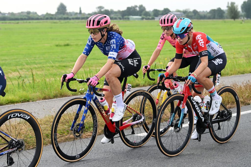 DORDRECHT NETHERLANDS AUGUST 13 LR Kristen Faulkner of The United States and Team EFOatlyCannondale and Mieke Docx of Belgium and Team Lotto Dstny Ladies compete during the 3rd Tour de France Femmes 2024 Stage 2 a 679km stage from Dordrecht to Rotterdam UCIWWT on August 13 2024 in Dordrecht Netherlands Photo by Dario BelingheriGetty Images