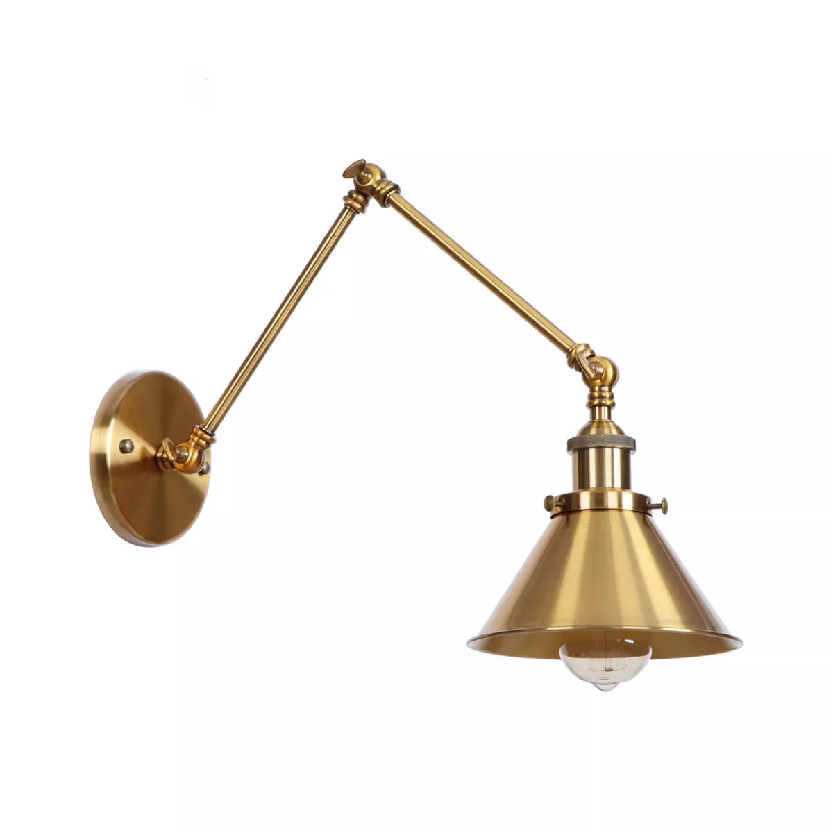 Dewdrop Adjustable Gold Swing Arm Wall Sconce, Vintage Brass Cone Shade Wall Light