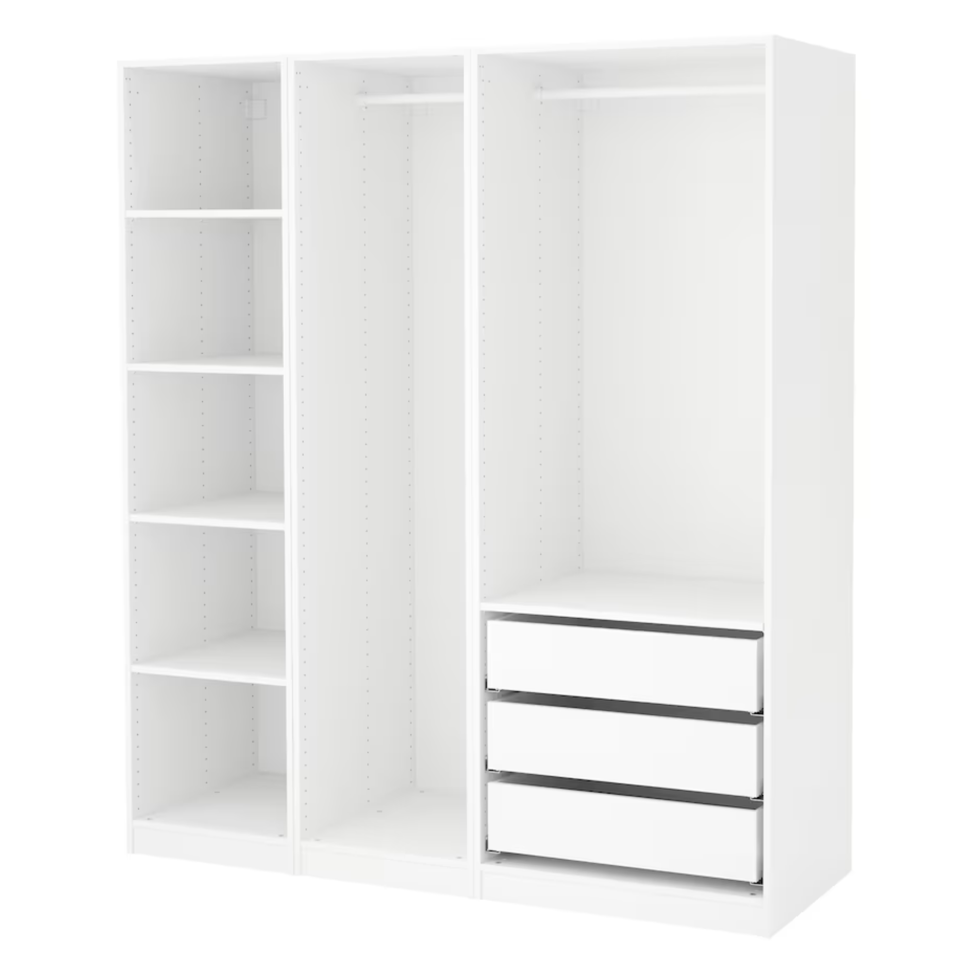 white wardrobe system with open shelves, hanging rods, and drawers