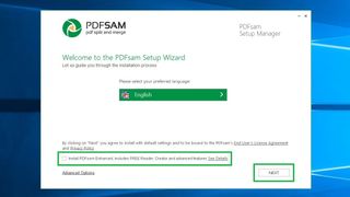 How to combine PDF files step 4: Select language, uncheck option to install PDFsam Enhanced and click Next