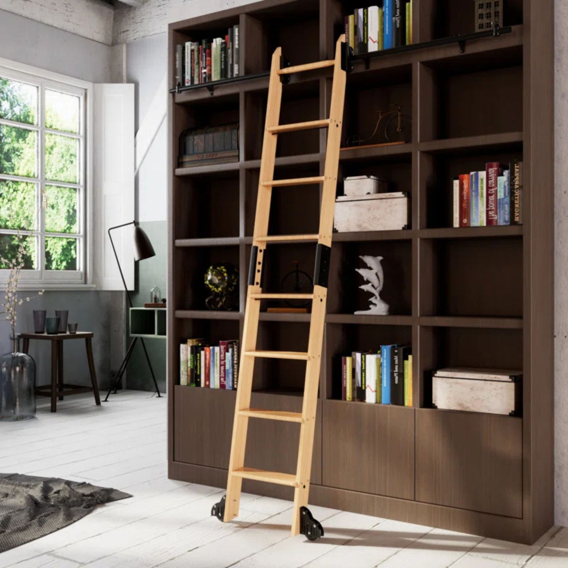 A rolling ladder on a set of shelves