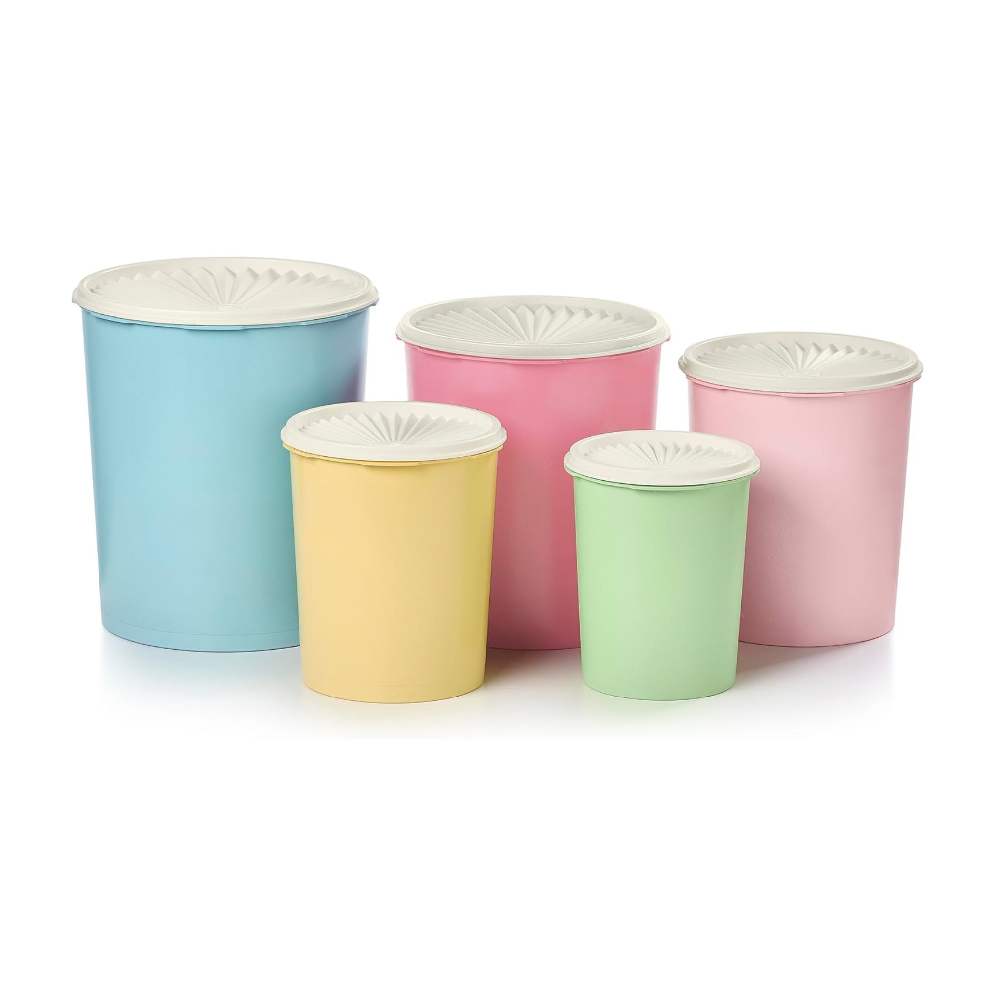 Vintage tupperware canisters in pastel colors with ribbed lids
