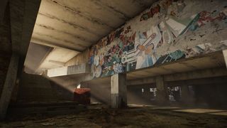 An image of a mural in Stalker 2, dimly lit by filtered sunlight.