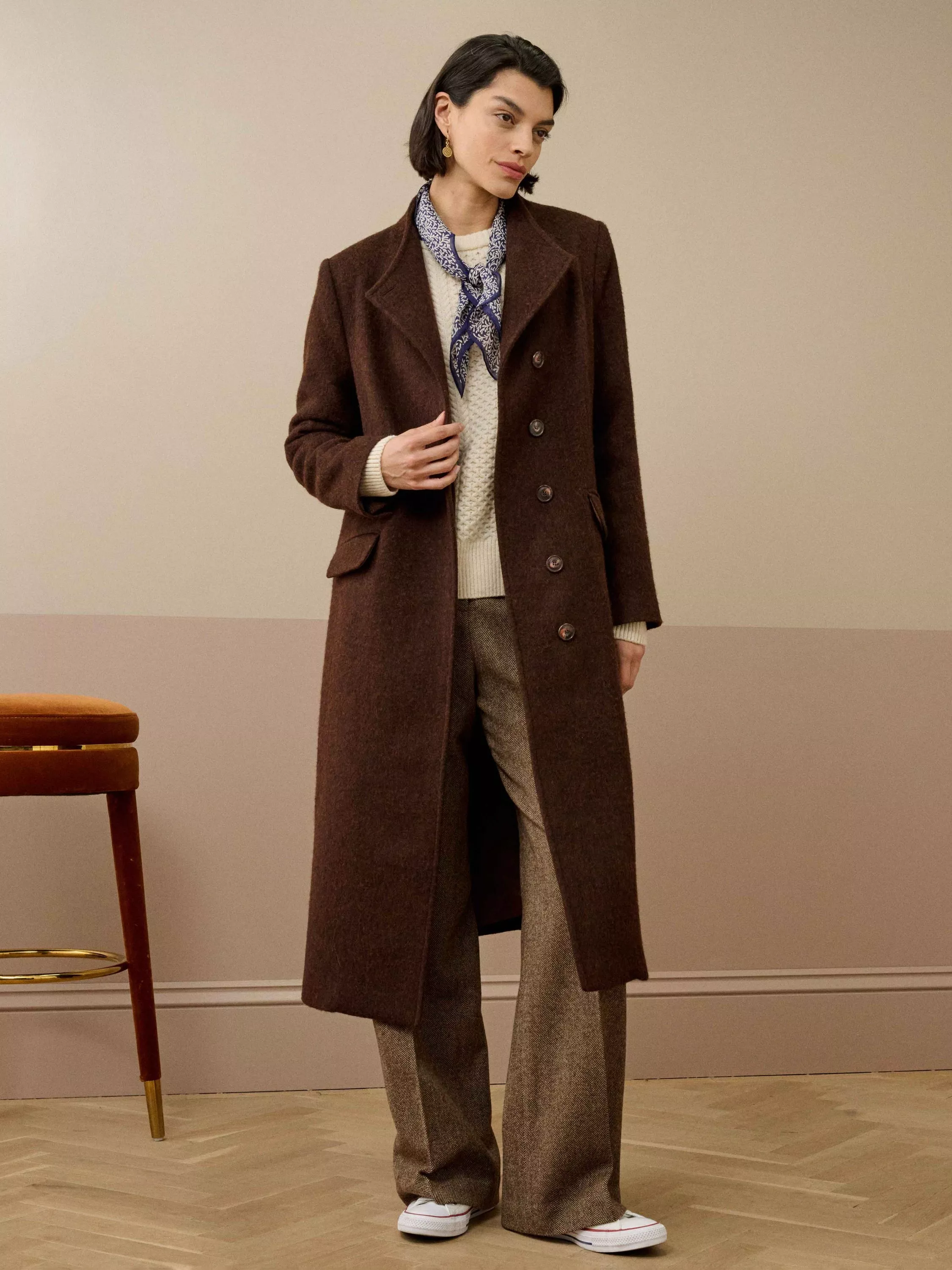 Brora Longline Pure Merino Wool Coat, Chocolate
