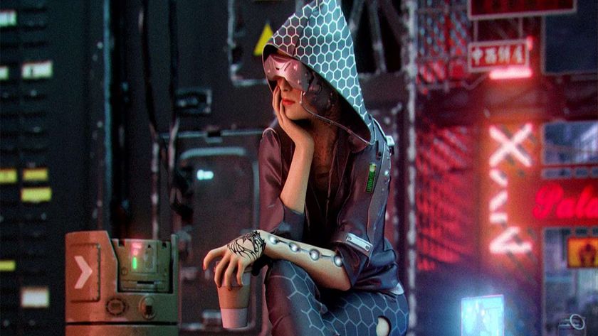 Indie Maya; a sci-fi woman sits in night street of neon lights