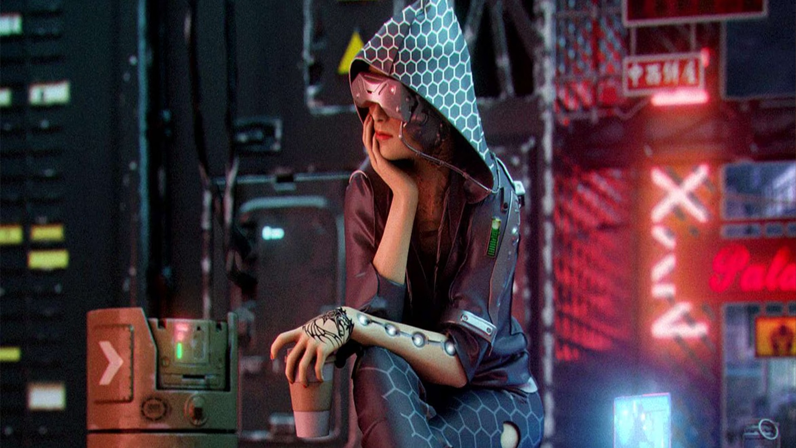 Indie Maya; a sci-fi woman sits in night street of neon lights