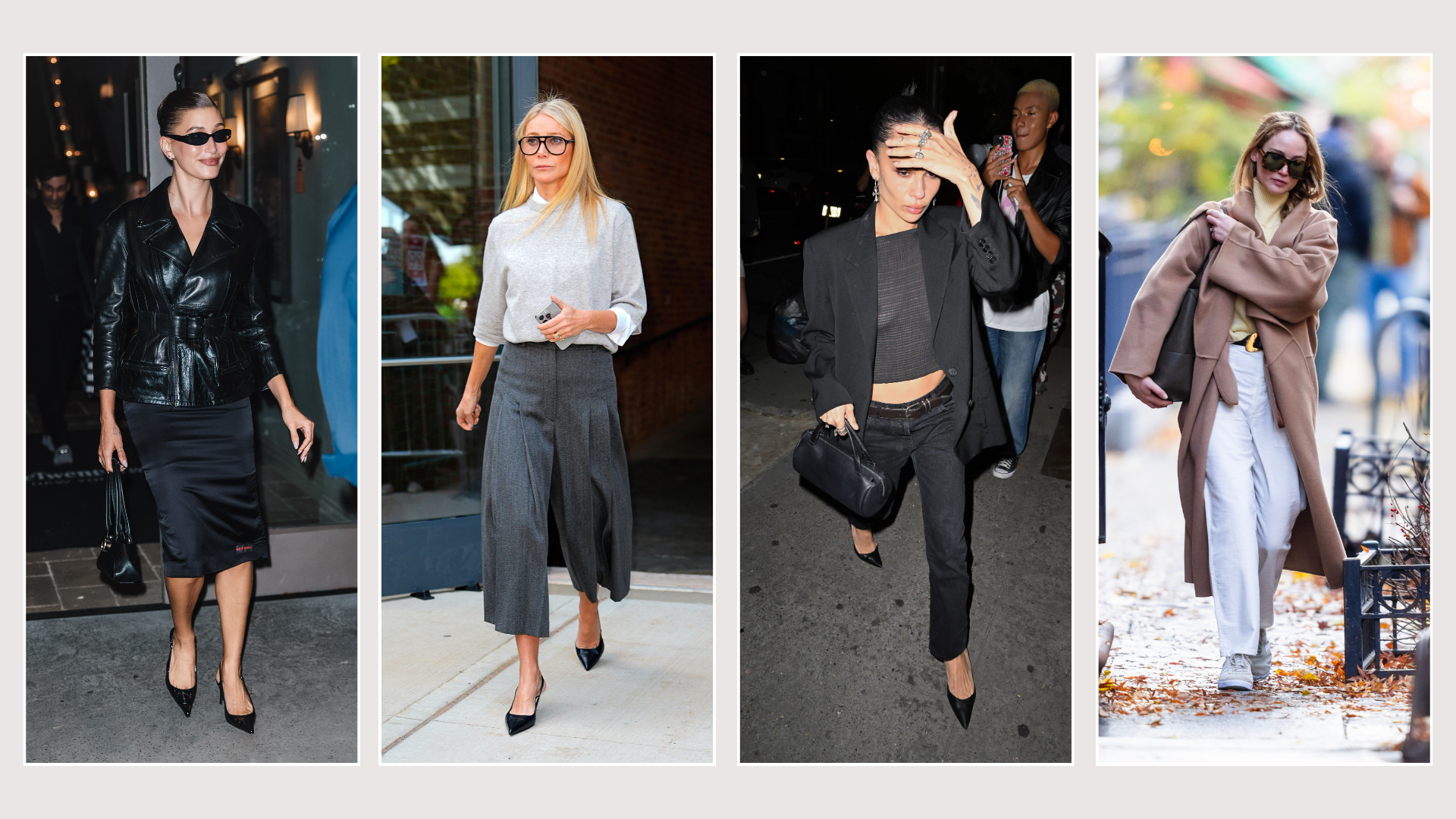 Hailey Bieber, Gwyneth Paltrow, Zoë Kravitz and Jennifer Lawrence in various autumn outfits