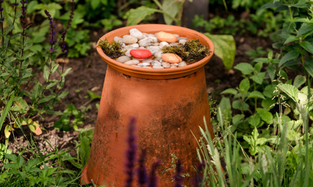 Bee watering station in flower bed