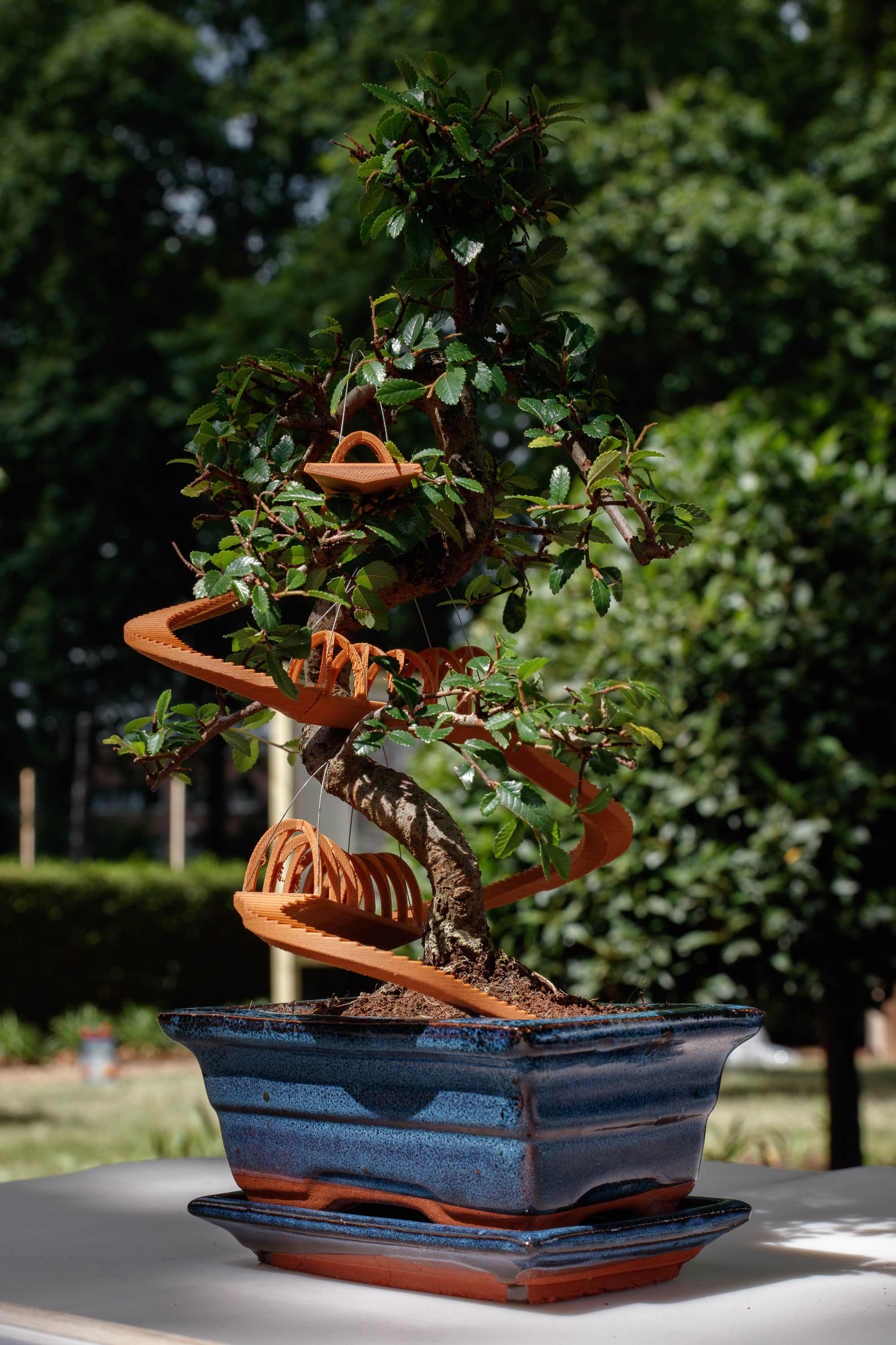 view of miniature houses in a park as part of an open air Bonsai treehouse exhibition in London