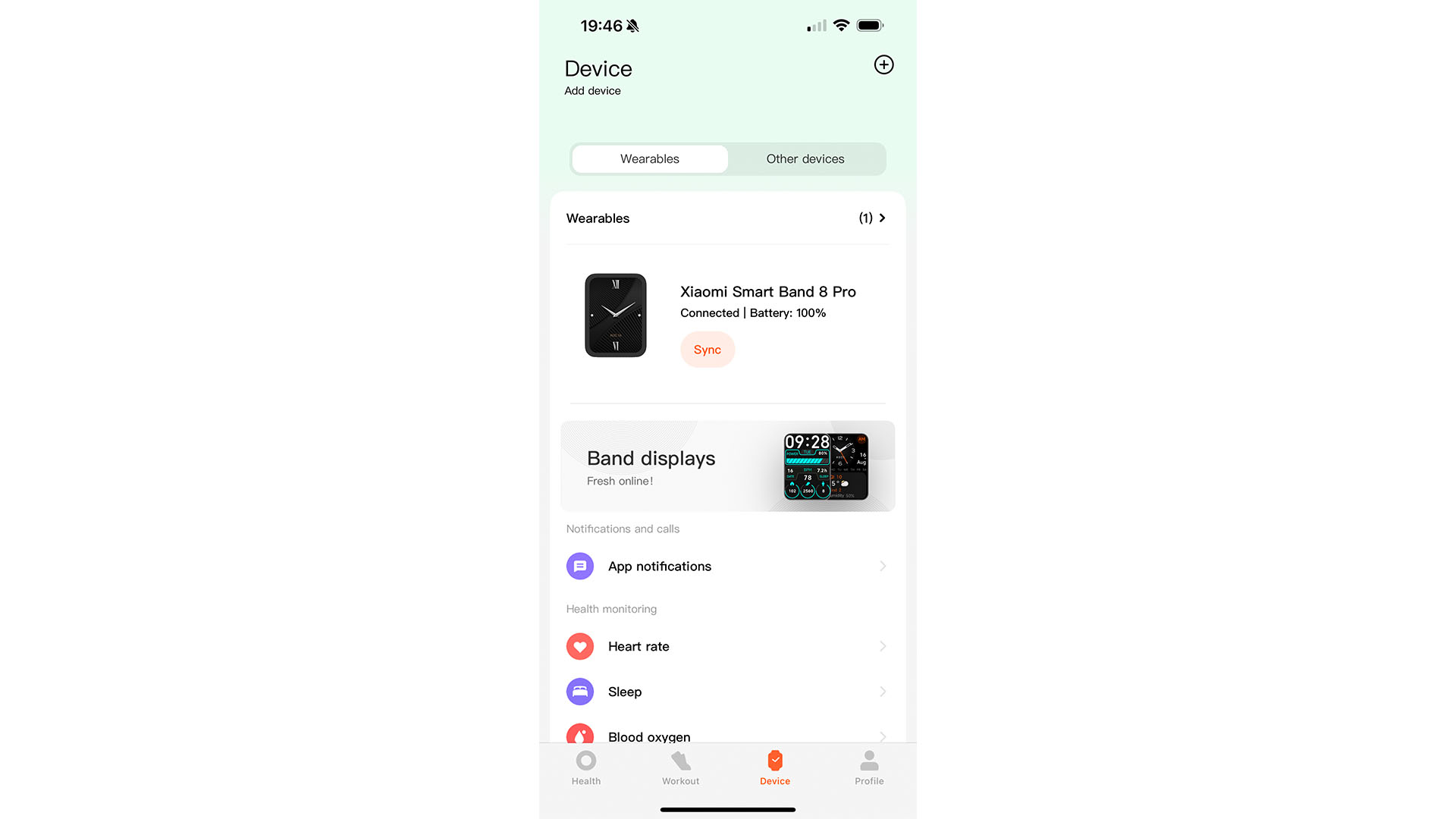 Page des appareils de l'application compagnon Xiaomi Smart Band 8