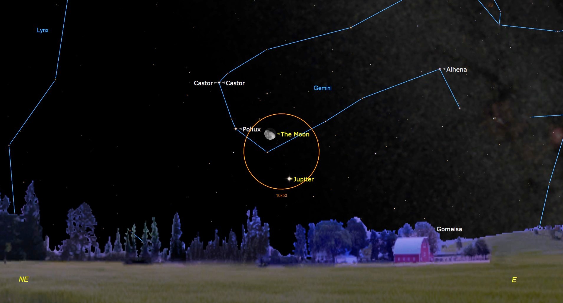 A map of the night sky with an orange circle in the center, encircling a labeled Jupiter and the moon.