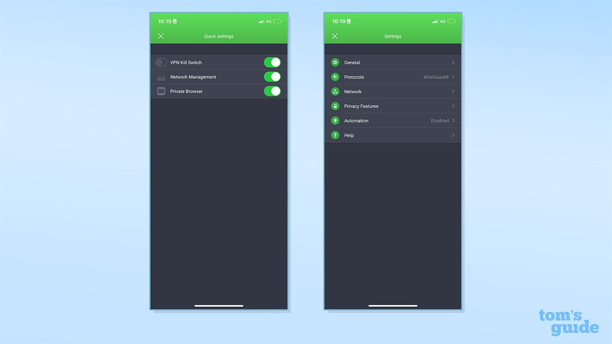 Two screenshots showing PIA's quick settings and advanced settings on iOS. On the left is quick settings, with options for VPN kill switch, network management and private browser. On the right is PIA's advanced settings, with options for general, protocols, network, privacy features, automation and help.
