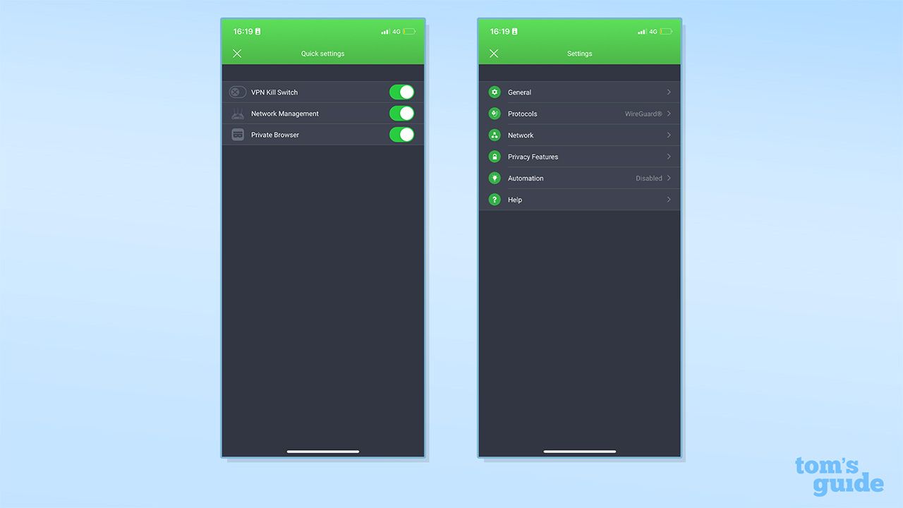 Two screenshots showing PIA's quick settings and advanced settings on iOS. On the left is quick settings, with options for VPN kill switch, network management and private browser. On the right is PIA's advanced settings, with options for general, protocols, network, privacy features, automation and help.