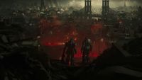 Marcus and Dom looking at the fallen city of Kalona during the Gears of War: E-Day trailer. 