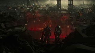 Marcus and Dom looking at the fallen city of Kalona during the Gears of War: E-Day trailer.