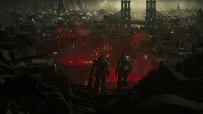 Marcus and Dom looking at the fallen city of Kalona during the Gears of War: E-Day trailer. 