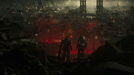 Marcus and Dom looking at the fallen city of Kalona during the Gears of War: E-Day trailer. 