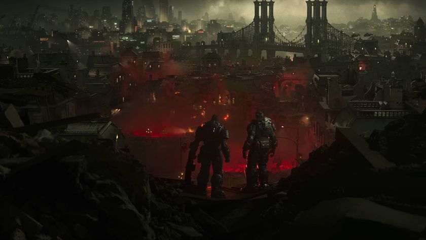 Marcus and Dom looking at the fallen city of Kalona during the Gears of War: E-Day trailer. 