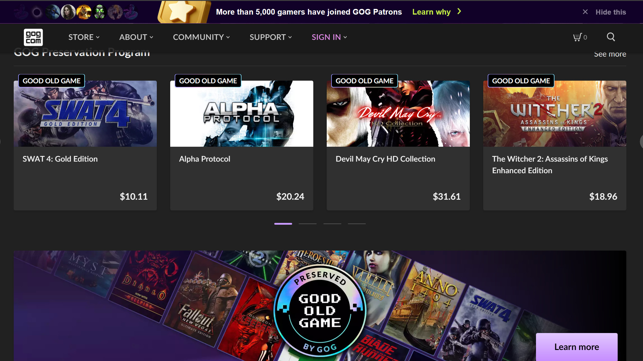 GOG website showing some games that have been preserved on the platform, including Witcher 2