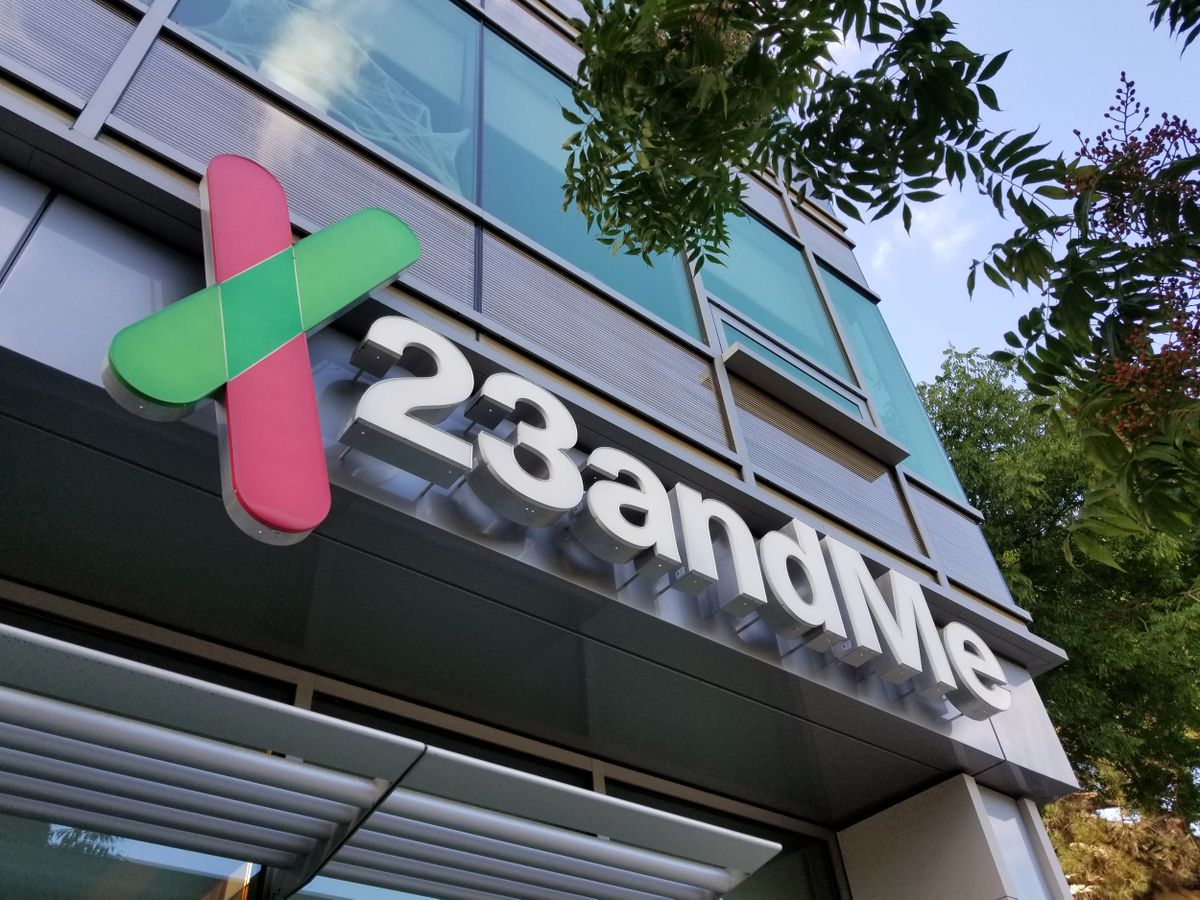 23andMe logo pictured over entrance to an office building in Mountain View, California. 