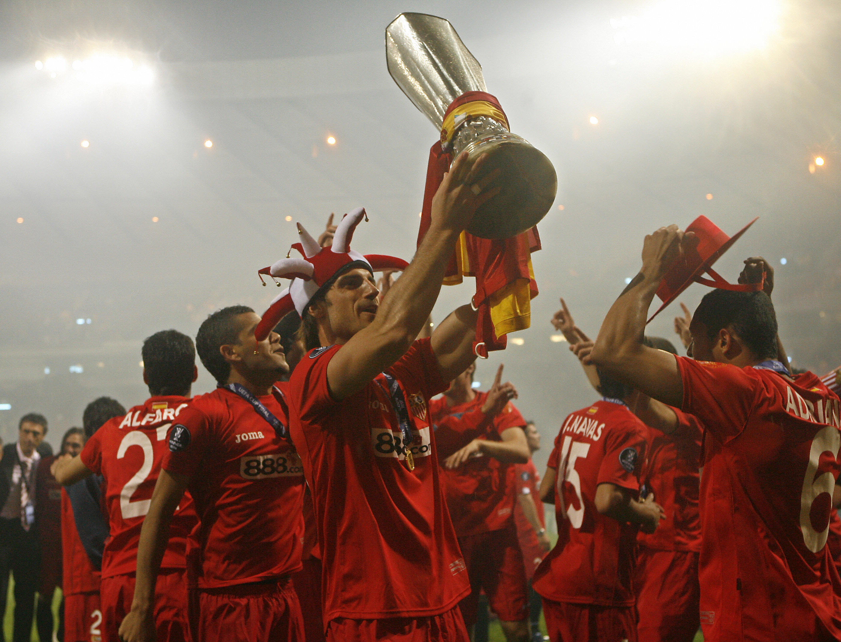 Sevilla players celebrate victory on penalties against Espanyol in the 2007 UEFA Cup final at Hampden Park.