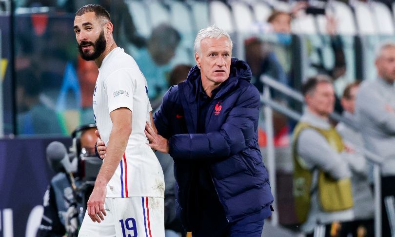 Didier Deschamps and Karim Benzema during France&#039;s UEFA Nations League clash agains Belgium in October 2021.