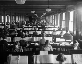 3rd June 1932: Hundreds of women at work at the Pensions Office (Registrar General's Office) in Acton, London, compiling information from the Census of April 1931. (Photo by Fox Photos/Getty Images)