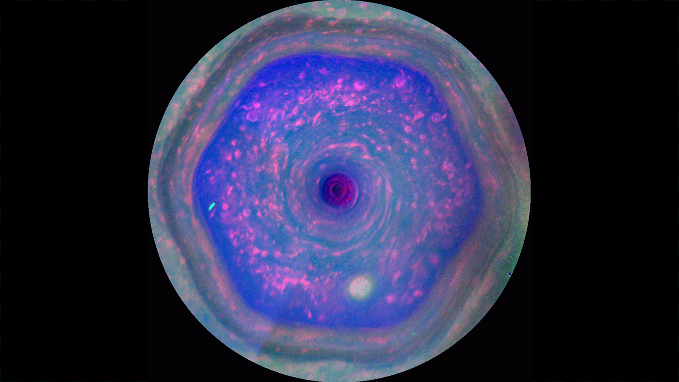 This movie, made from images obtained by Cassini's imaging cameras, is the first to show Saturn's hexagon in color filters and the first movie to show a complete view from the north pole down to about 70 degrees north latitude. One vortex at the lower left corner of the hexagon is visible, but the new simulation from researchers Rakesh Yadav and Jeremy Bloxham shows the numerous invisible vortexes that might be creating the hexagon.