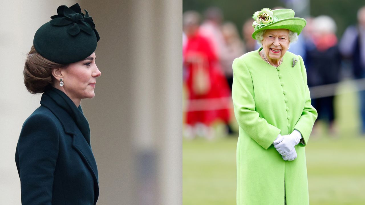 Kate Middleton wearing a green coat with a serious expression on St Patrick&#039;s Day 2025 next to Queen Elizabeth wearing a green coat and smiling