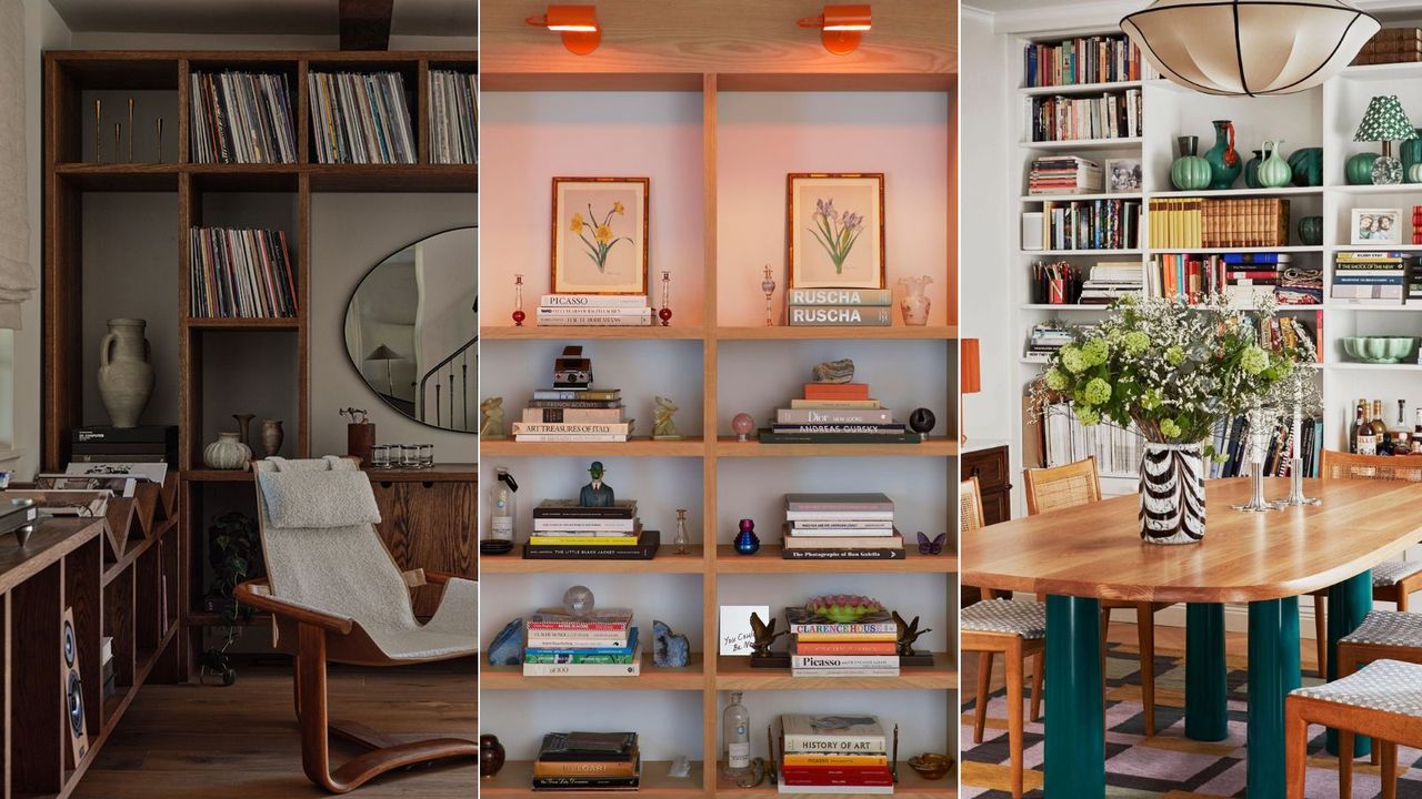 Three spaces with styled bookshelves